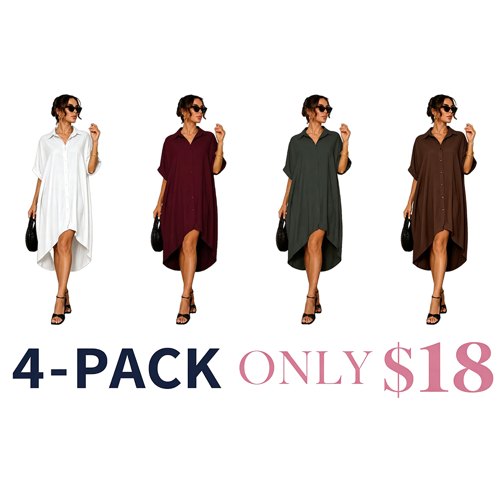 Women Turn-Down Collar Button Up Shirt Dress