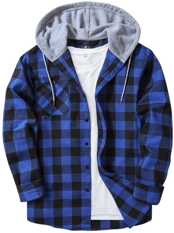 Men's Plaid Print Button Front Drawstring Hooded Shirt, Regular Fit Casual Long Sleeve Pocket Top, Men's Clothes for Daily Wear