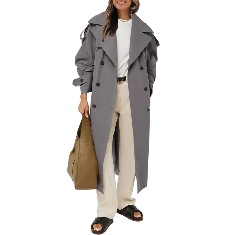 Womens Oversized Long Trench Coat Double Breasted Lapel Windproof Overcoat with Belt