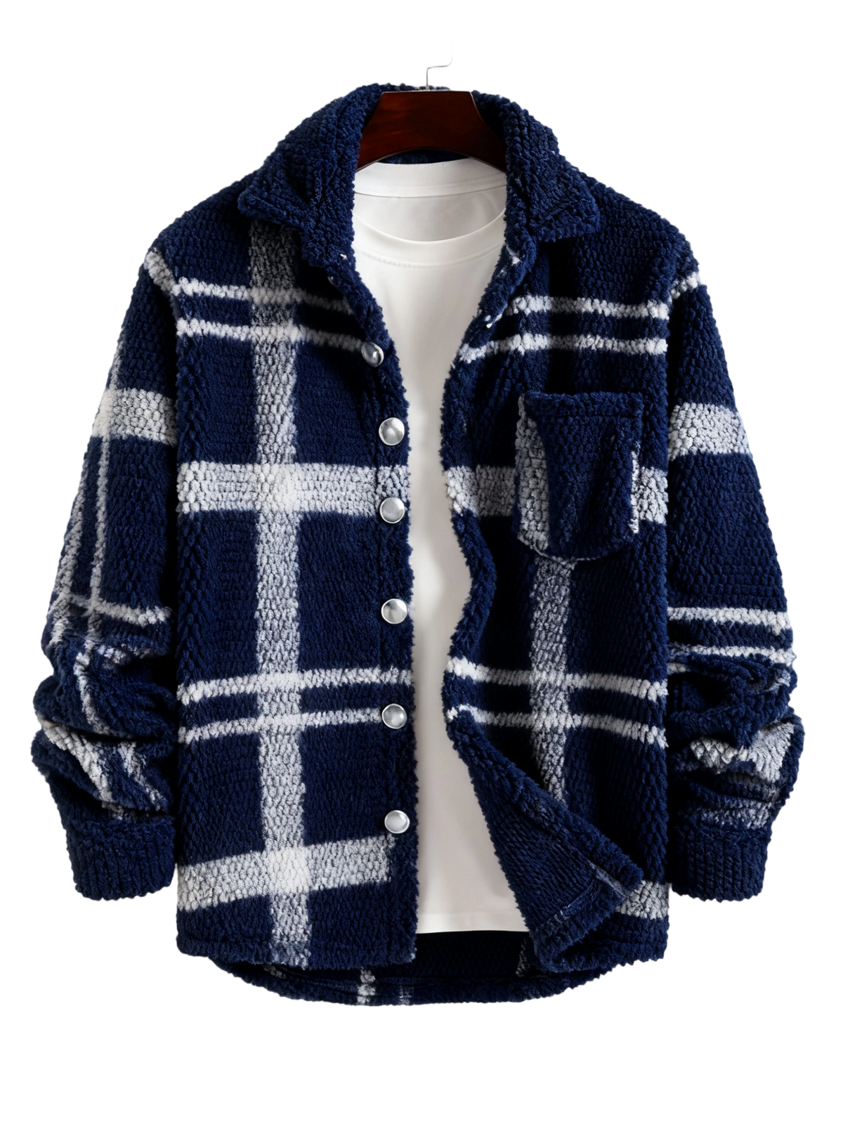 Men's Plaid Print Button Front Fleece Winter Jacket, Casual Comfortable Warmth Regular Fit Long Sleeve Pockets Warm Fleece Material Outerwear for Fall & Winter, Mens Clothing, Men's Clothes for Daily Wear