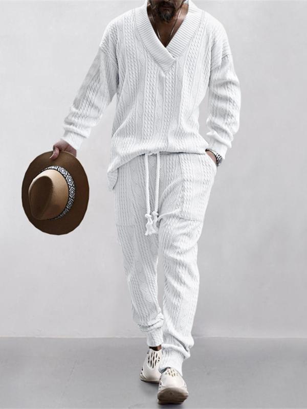 Men's Jacquard Drop Shoulder V Neck Top & Drawstring Waist Pants, Casual Fashion Pullover & Pocket Trousers for Daily Wear, Tracksuit Set, Tracksuits, Mens Jogger Sets, Sweat Suits Workout, Men's 2 Piece Set, Menswear, Clothes, Formal Wear, Sweat Set