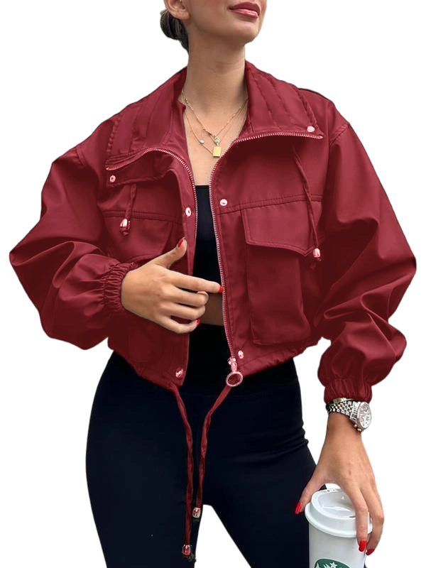 Women's Solid Zip Up Drawstring Hem Jacket, Casual Long Sleeve Collared Outerwear