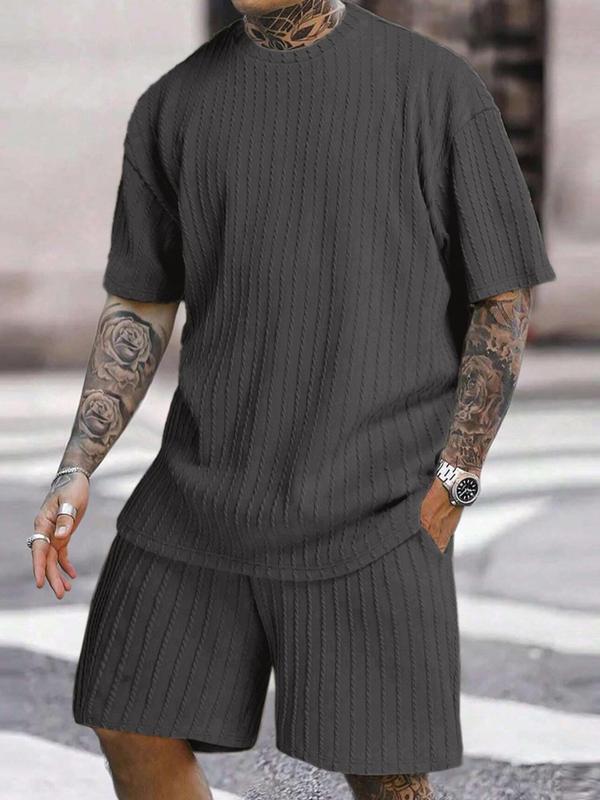 Men's Solid Textured Drop Shoulder Short Sleeve Tee & Drawstring Waist Shorts Set, Spring & Summer Clothes, Back To School Loose Casual Fashion Crew Neck T-shirt & Pocket Shorts for Daily Outdoor Wear, Men Outfits, Fall Outfits