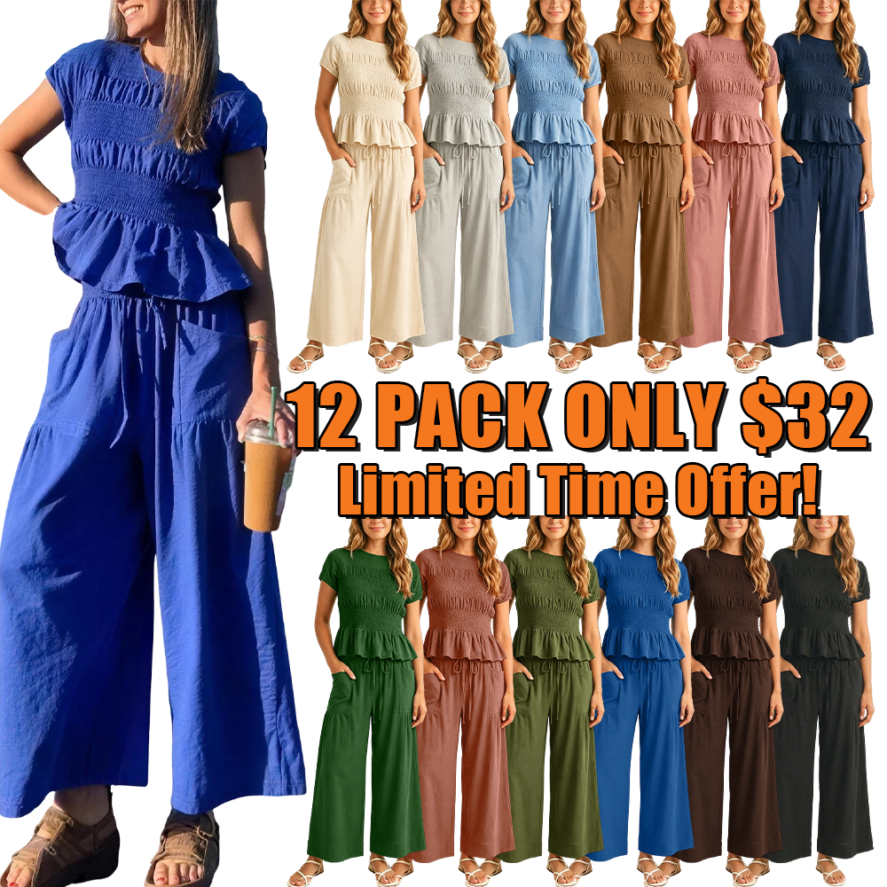 Women's 2-Piece Smocked Top and Wide-Leg Pants Set