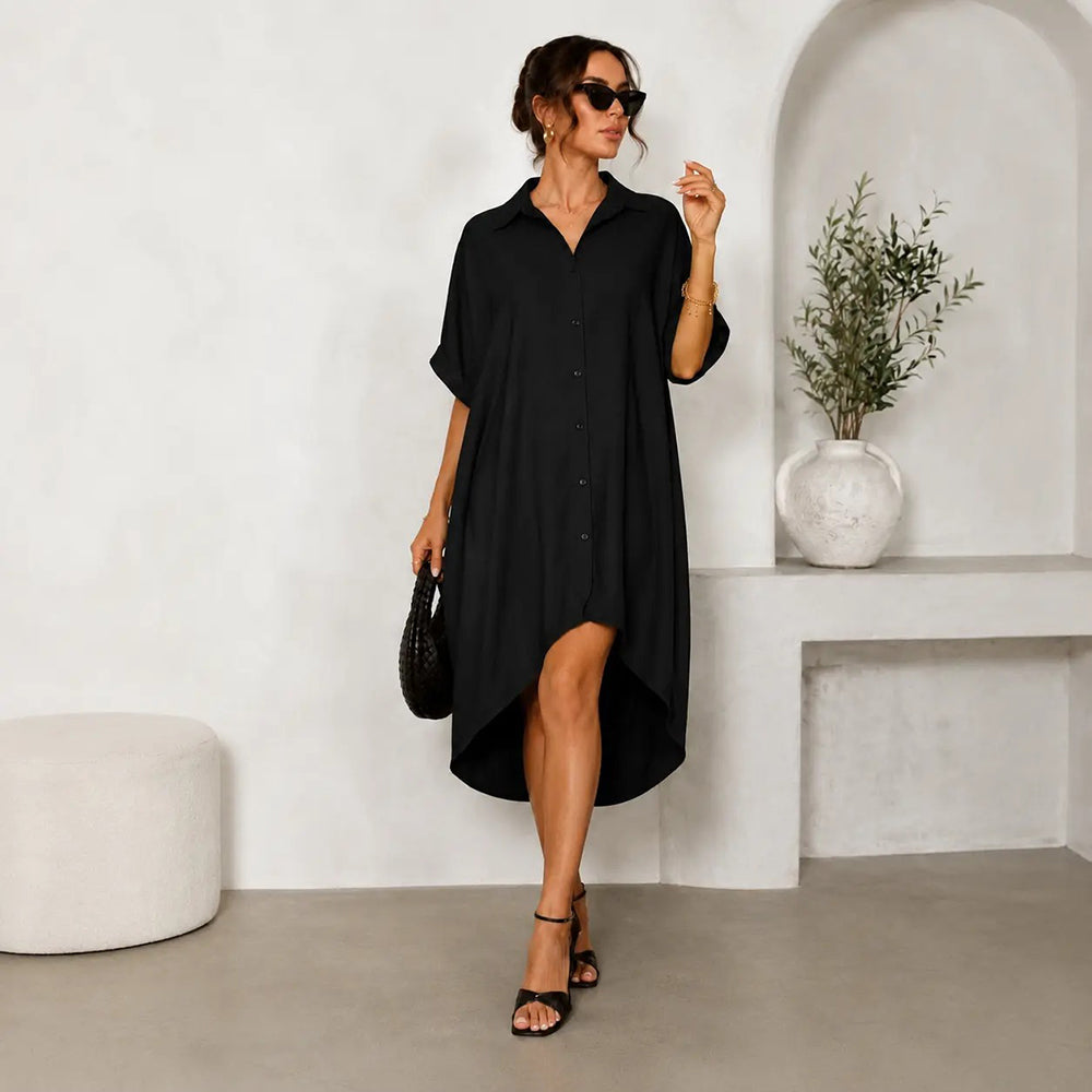 Women Turn-Down Collar Button Up Shirt Dress