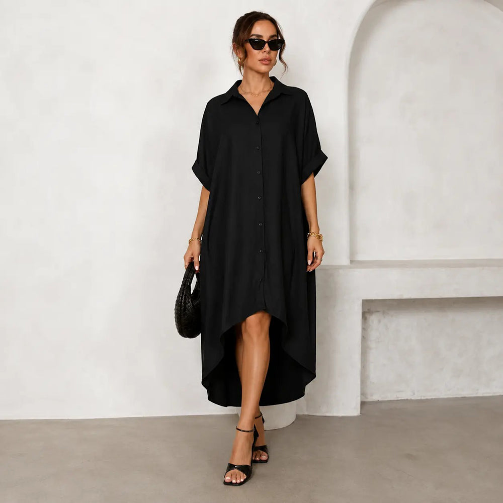 Women Turn-Down Collar Button Up Shirt Dress