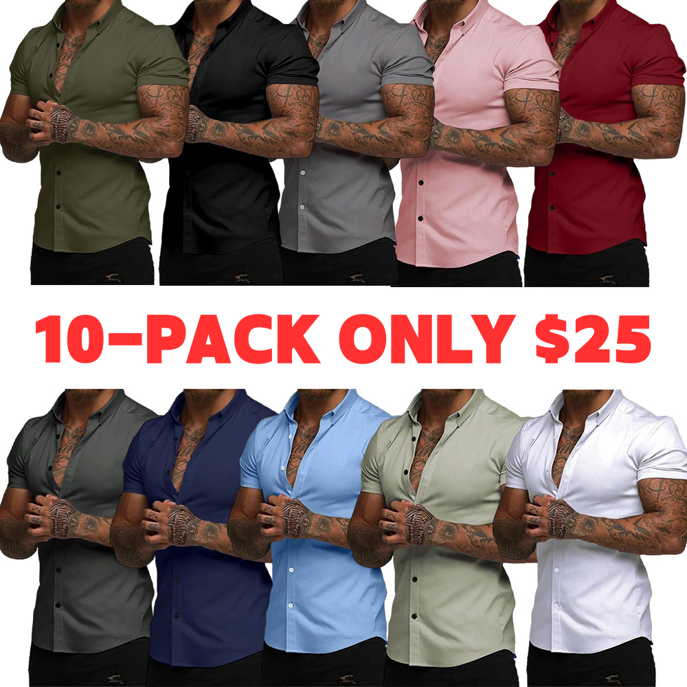 Men's Muscle Fit Dress Shirts Casual Button Down Shirt Short Sleeve Wrinkle-Free Shirts