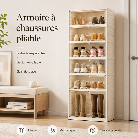 Armoire à Chaussures Pliable avec Portes Transparentes – Grande Capacité