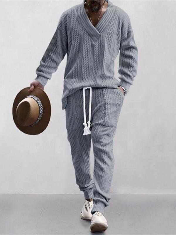Men's Jacquard Drop Shoulder V Neck Top & Drawstring Waist Pants, Casual Fashion Pullover & Pocket Trousers for Daily Wear, Tracksuit Set, Tracksuits, Mens Jogger Sets, Sweat Suits Workout, Men's 2 Piece Set, Menswear, Clothes, Formal Wear, Sweat Set