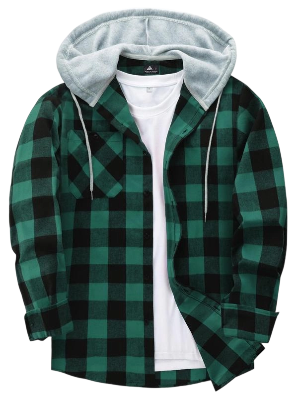 Men's Plaid Print Button Front Drawstring Hooded Shirt, Regular Fit Casual Long Sleeve Pocket Top, Men's Clothes for Daily Wear