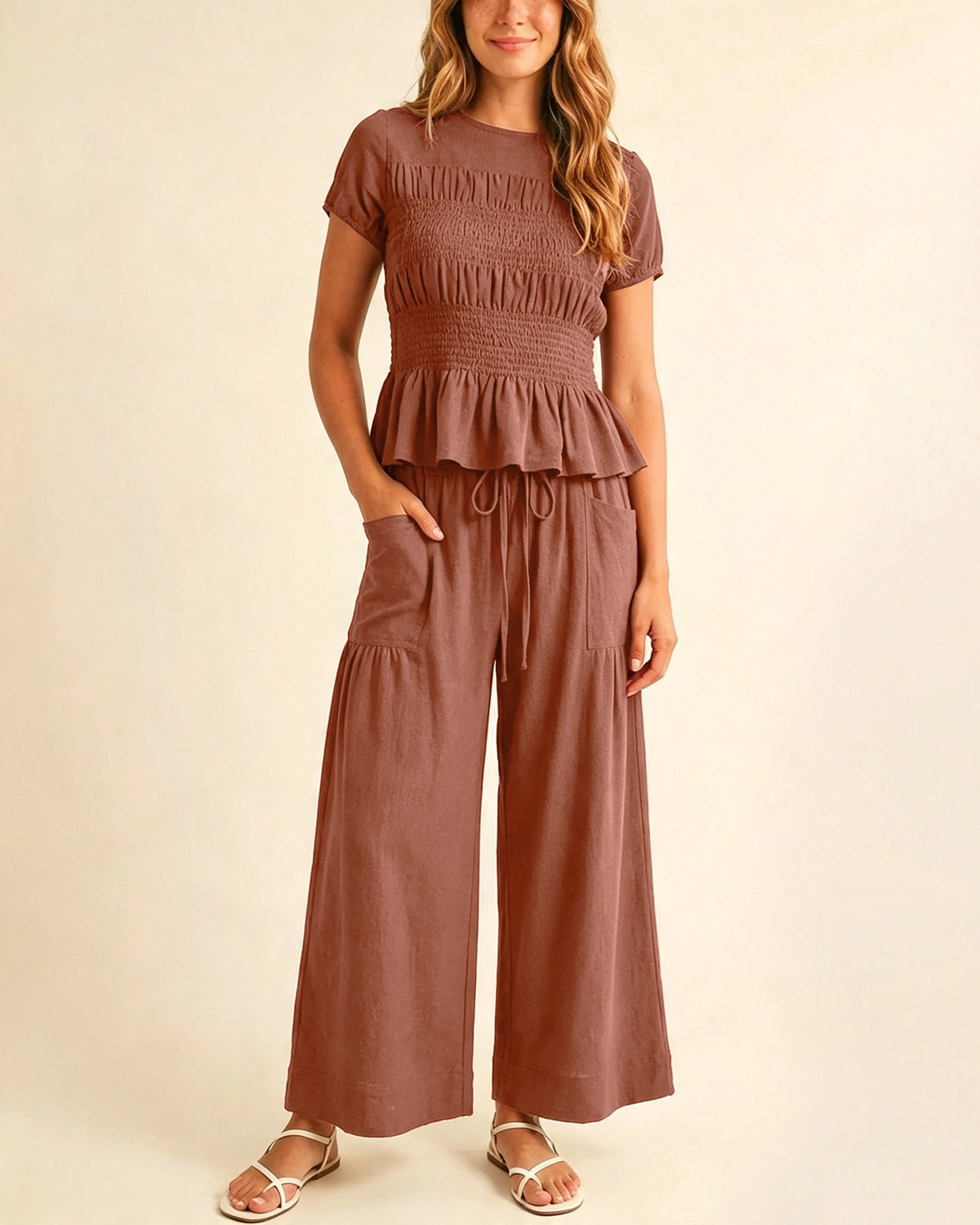 Women's 2-Piece Smocked Top and Wide-Leg Pants Set
