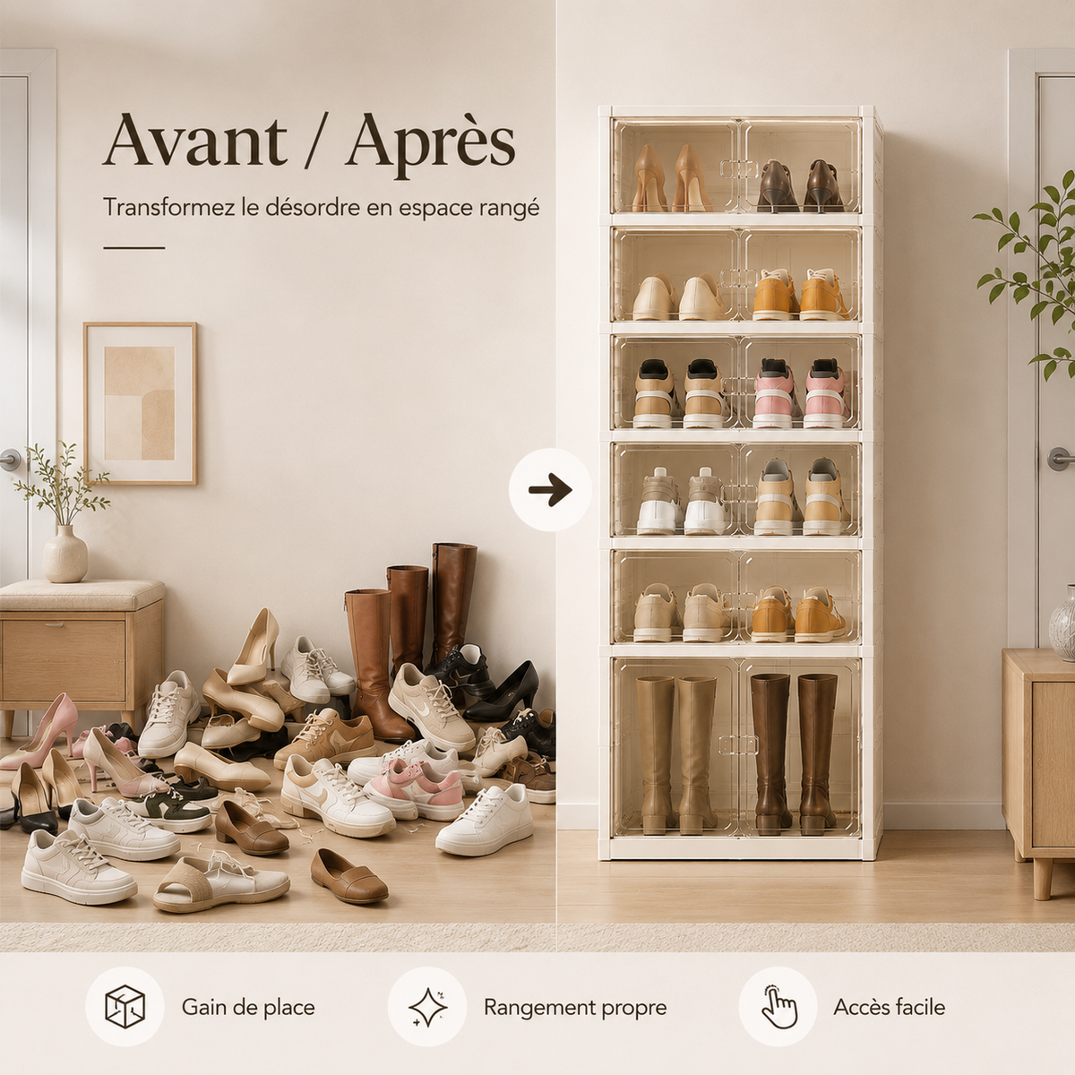 Armoire à Chaussures Pliable avec Portes Transparentes – Grande Capacité