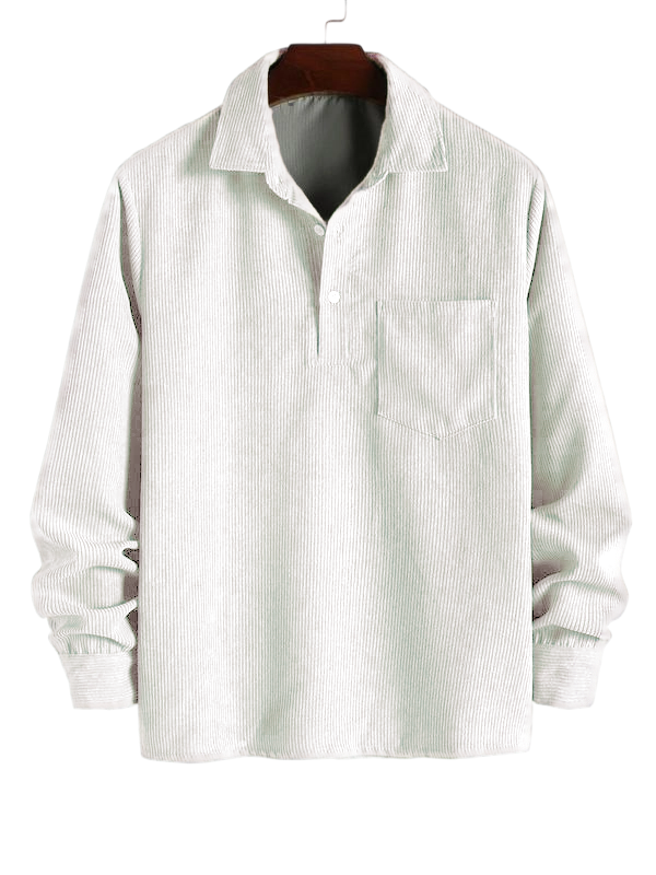 Men's Plain Pocket Half Button Corduroy Shirt, Casual Comfy Regular Fit Long Sleeve Collared Top For Fall & Winter, Men's Clothes For Daily Wear