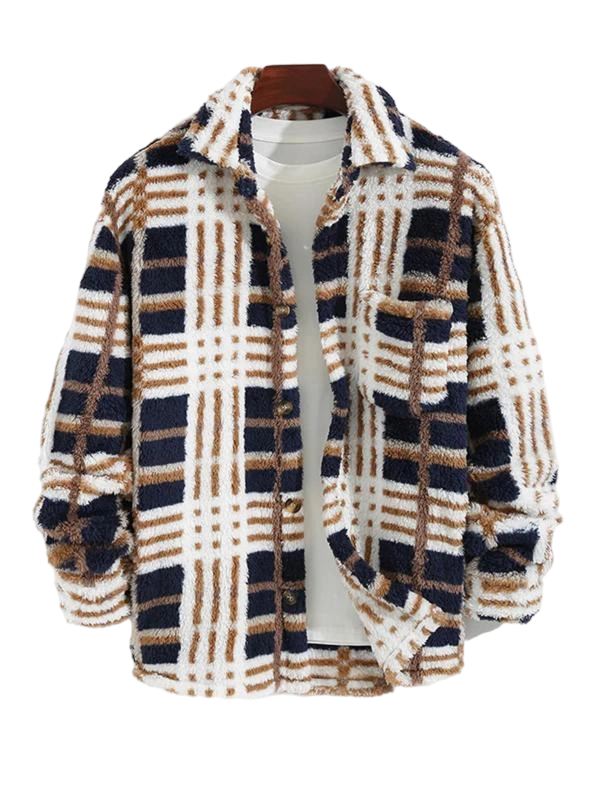 Men's Plaid Print Button Front Fleece Winter Jacket, Casual Comfortable Warmth Regular Fit Long Sleeve Pockets Warm Fleece Material Outerwear for Fall & Winter, Mens Clothing, Men's Clothes for Daily Wear