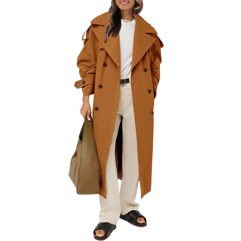 Womens Oversized Long Trench Coat Double Breasted Lapel Windproof Overcoat with Belt