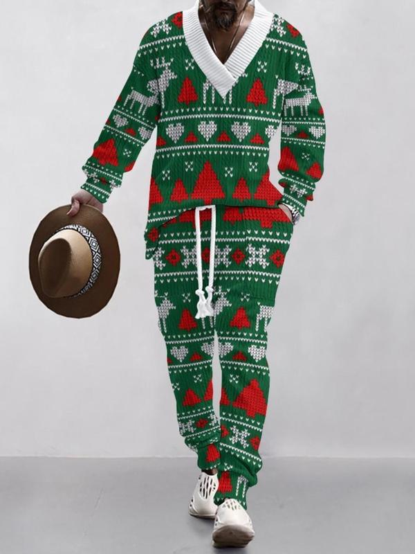 Men's Jacquard Drop Shoulder V Neck Top & Drawstring Waist Pants, Casual Fashion Pullover & Pocket Trousers for Daily Wear, Tracksuit Set, Tracksuits, Mens Jogger Sets, Sweat Suits Workout, Men's 2 Piece Set, Menswear, Clothes, Formal Wear, Sweat Set