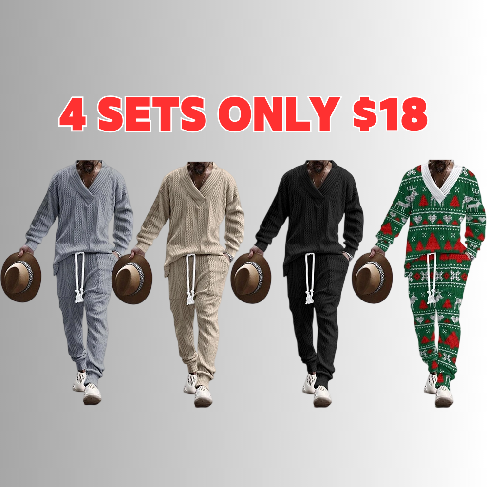 Men's Jacquard Drop Shoulder V Neck Top & Drawstring Waist Pants, Casual Fashion Pullover & Pocket Trousers for Daily Wear, Tracksuit Set, Tracksuits, Mens Jogger Sets, Sweat Suits Workout, Men's 2 Piece Set, Menswear, Clothes, Formal Wear, Sweat Set