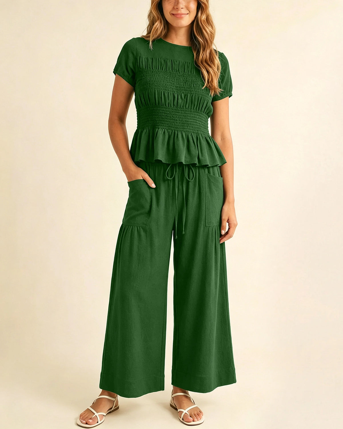 Women's 2-Piece Smocked Top and Wide-Leg Pants Set