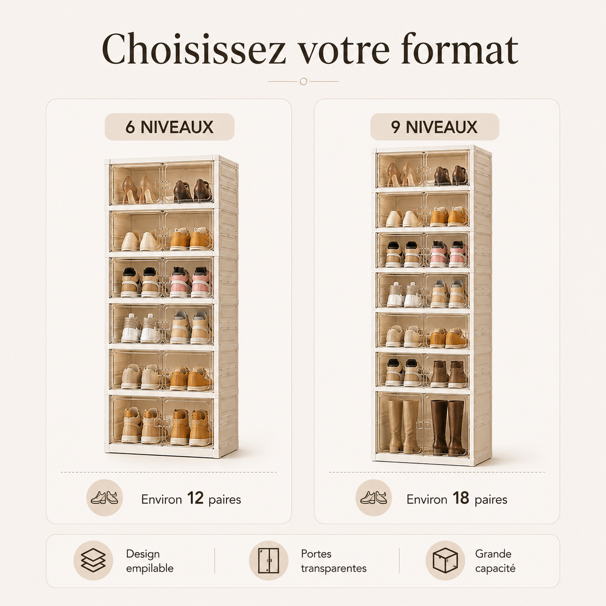 Armoire à Chaussures Pliable avec Portes Transparentes – Grande Capacité