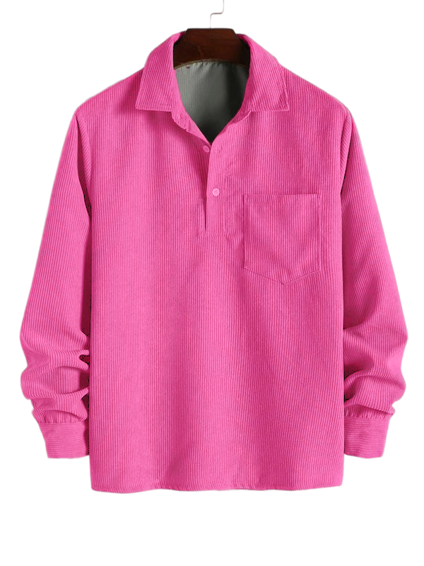 Men's Plain Pocket Half Button Corduroy Shirt, Casual Comfy Regular Fit Long Sleeve Collared Top For Fall & Winter, Men's Clothes For Daily Wear