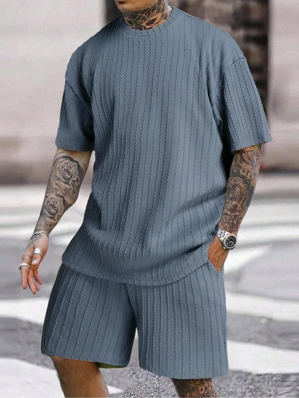 Men's Solid Textured Drop Shoulder Short Sleeve Tee & Drawstring Waist Shorts Set, Spring & Summer Clothes, Back To School Loose Casual Fashion Crew Neck T-shirt & Pocket Shorts for Daily Outdoor Wear, Men Outfits, Fall Outfits
