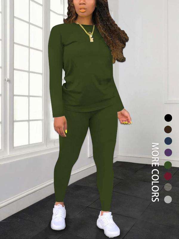 Women's Minimalist Chic Solid Long Sleeve Tee & Elastic Waist Pants Set