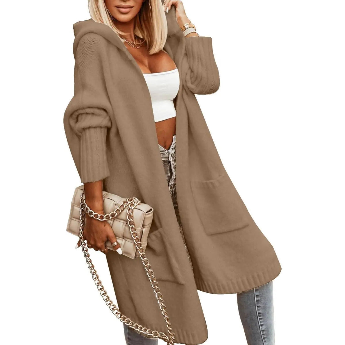 Women's Long Cardigans Cable Knitted Open Front Oversized Hooded Outerwear Sweater Coat