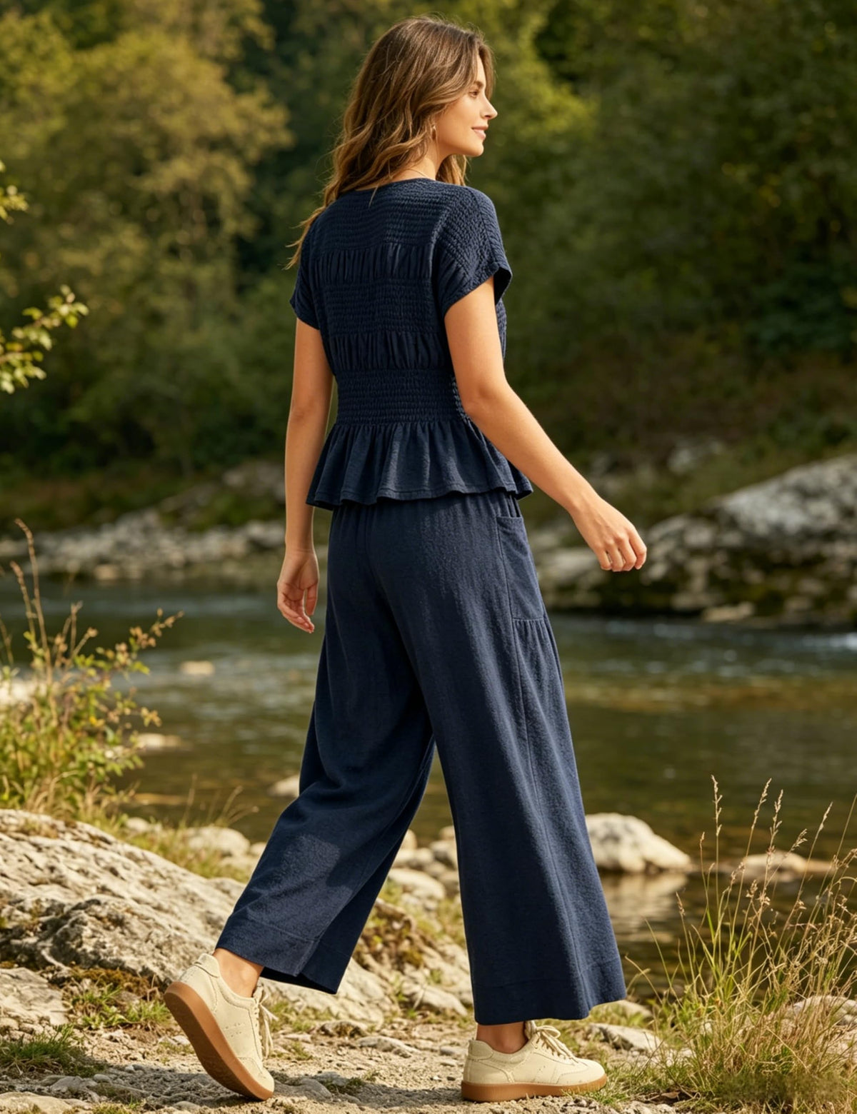 Women's 2-Piece Smocked Top and Wide-Leg Pants Set