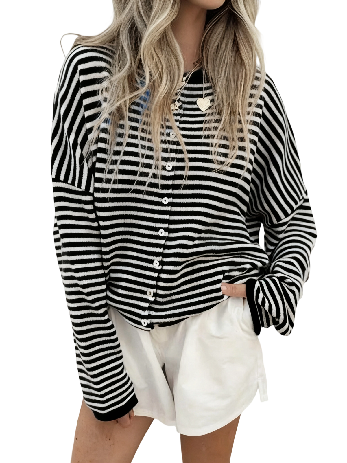 Women's Striped Casual Long Sleeve Loose Knit Sweater, Lightweight Fall & Winter Fashion, Button Front Open Front Design