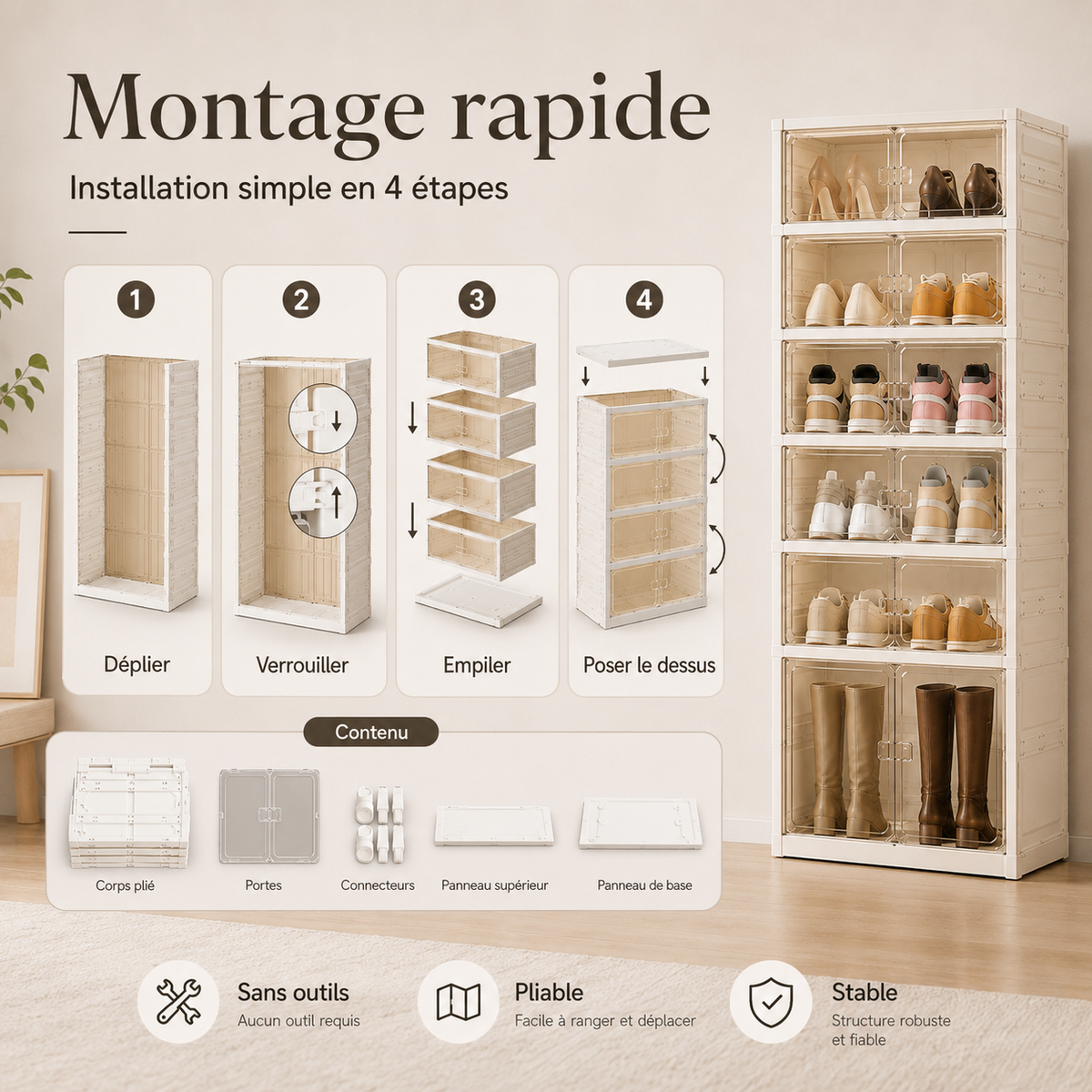 Armoire à Chaussures Pliable avec Portes Transparentes – Grande Capacité