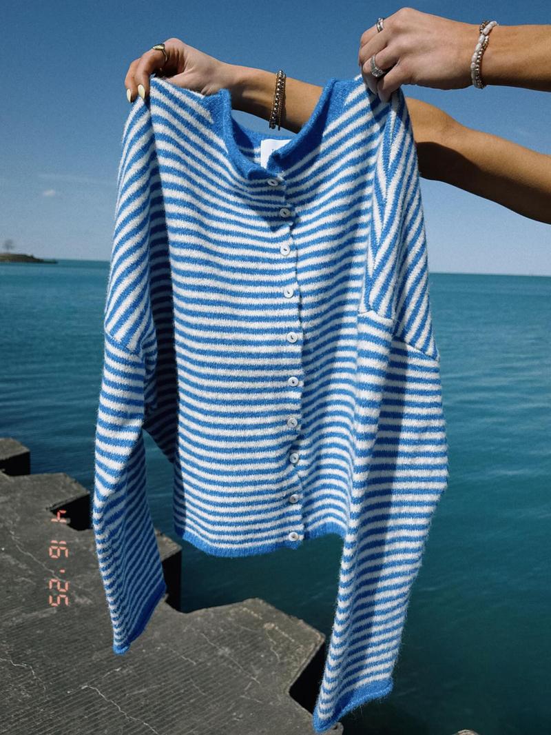 Women's Striped Casual Long Sleeve Loose Knit Sweater, Lightweight Fall & Winter Fashion, Button Front Open Front Design