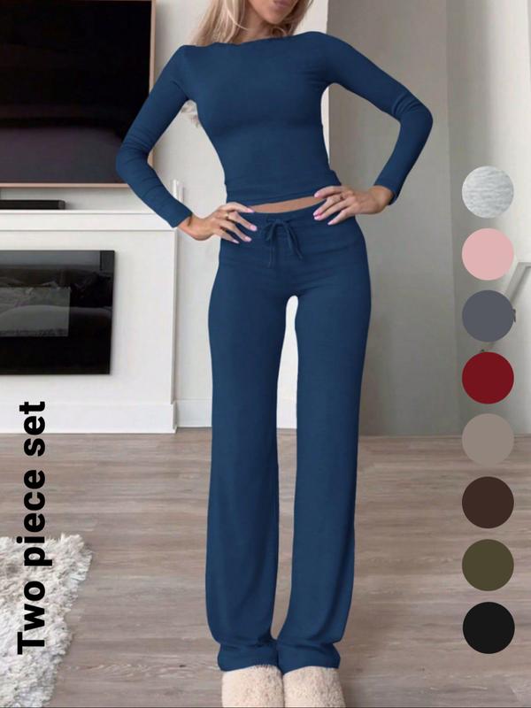 Women's Solid Color Long Sleeve Crop Tee & High-Waisted Drawstring Pants Set, Casual Everyday Slim Fit Outfit for Fall & Winter Seasons