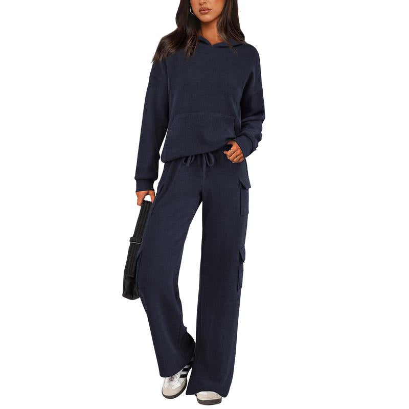 Womens Fall Outfit 2-Piece Knitted Sets Hoodie Tracksuits Wide Leg Pants With Pocket