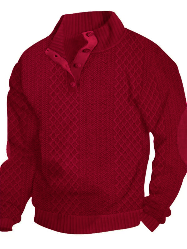Men's Colorblock Patchwork Jacquard Button Front Sweatshirt, Regular Fit Casual Long Sleeve Stand Collar Sweatshirt for Fall & Winter, Fashion Men's Knitwear for Daily Wear