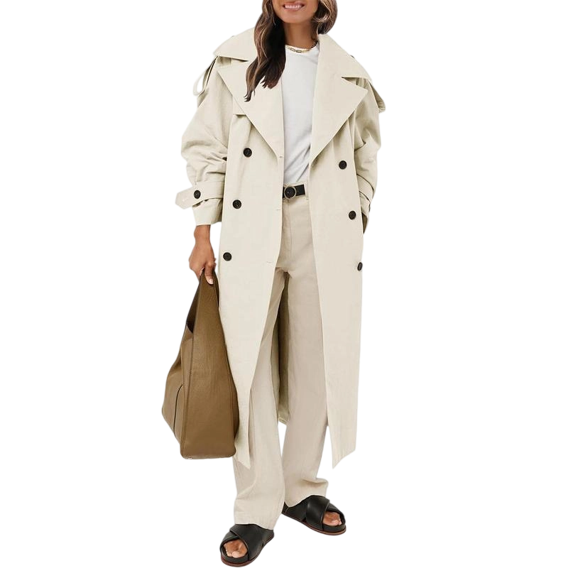 Womens Oversized Long Trench Coat Double Breasted Lapel Windproof Overcoat with Belt