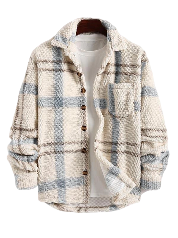 Men's Plaid Print Button Front Fleece Winter Jacket, Casual Comfortable Warmth Regular Fit Long Sleeve Pockets Warm Fleece Material Outerwear for Fall & Winter, Mens Clothing, Men's Clothes for Daily Wear