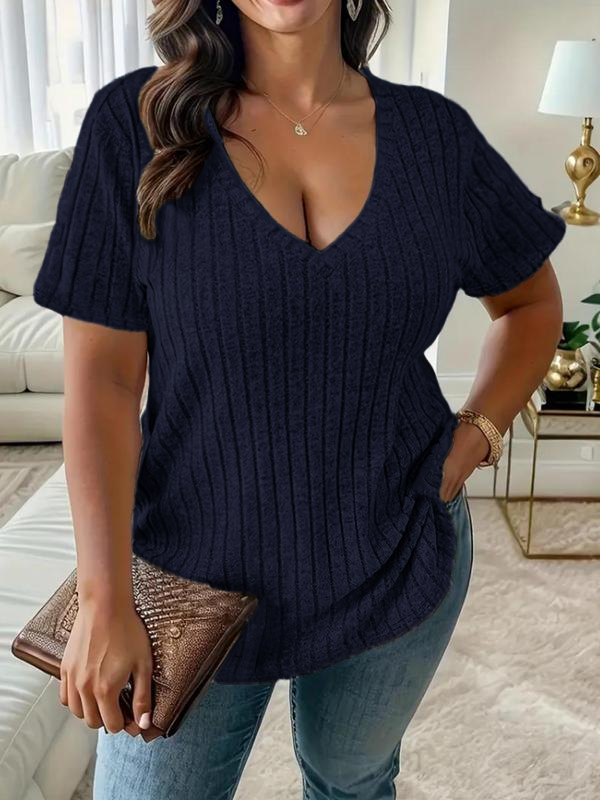Women Plus Size Summer V-Neck Tee – Casual Short Sleeve Top