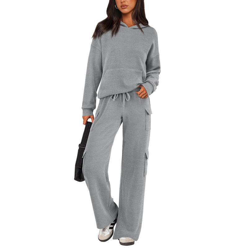 Womens Fall Outfit 2-Piece Knitted Sets Hoodie Tracksuits Wide Leg Pants With Pocket