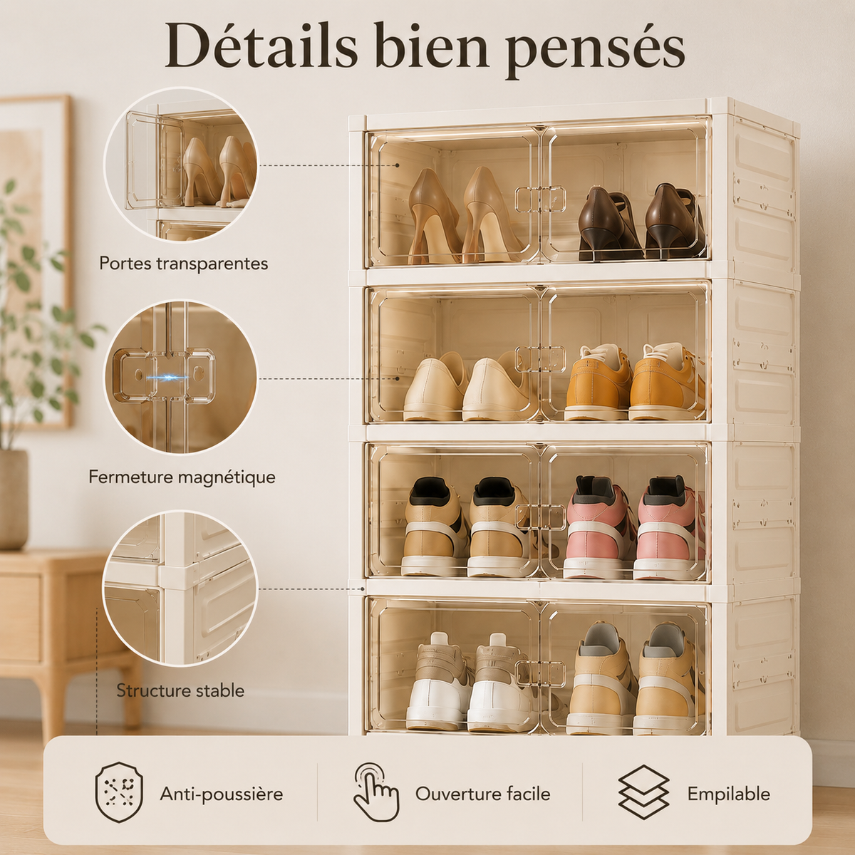 Armoire à Chaussures Pliable avec Portes Transparentes – Grande Capacité
