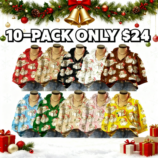 Christmas Santa Print Ruffle V-Neck Blouse