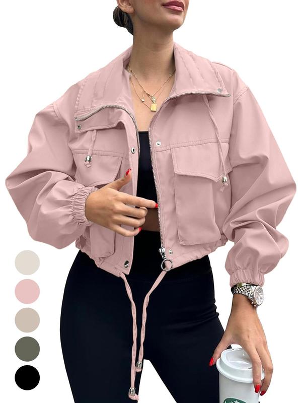 Women's Solid Zip Up Drawstring Hem Jacket, Casual Long Sleeve Collared Outerwear