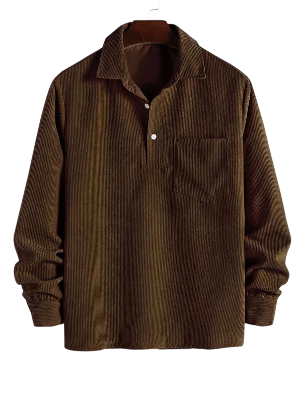 Men's Plain Pocket Half Button Corduroy Shirt, Casual Comfy Regular Fit Long Sleeve Collared Top For Fall & Winter, Men's Clothes For Daily Wear