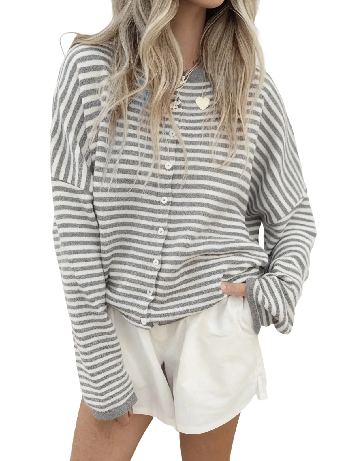 Women's Striped Casual Long Sleeve Loose Knit Sweater, Lightweight Fall & Winter Fashion, Button Front Open Front Design