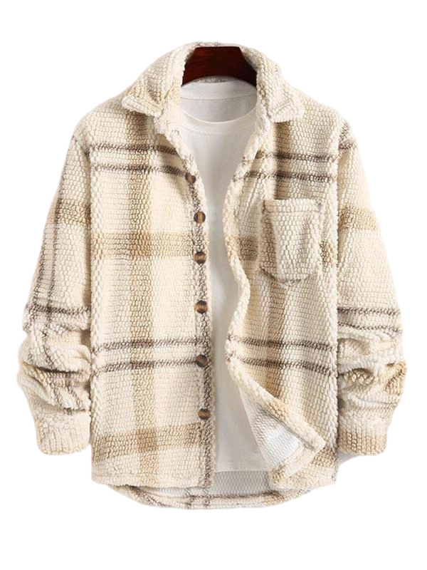 Men's Plaid Print Button Front Fleece Winter Jacket, Casual Comfortable Warmth Regular Fit Long Sleeve Pockets Warm Fleece Material Outerwear for Fall & Winter, Mens Clothing, Men's Clothes for Daily Wear