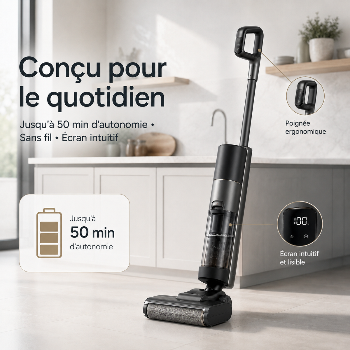 Aspirateur Laveur Sans Fil 2-en-1 à 180° – Aspiration & Lavage des Sols