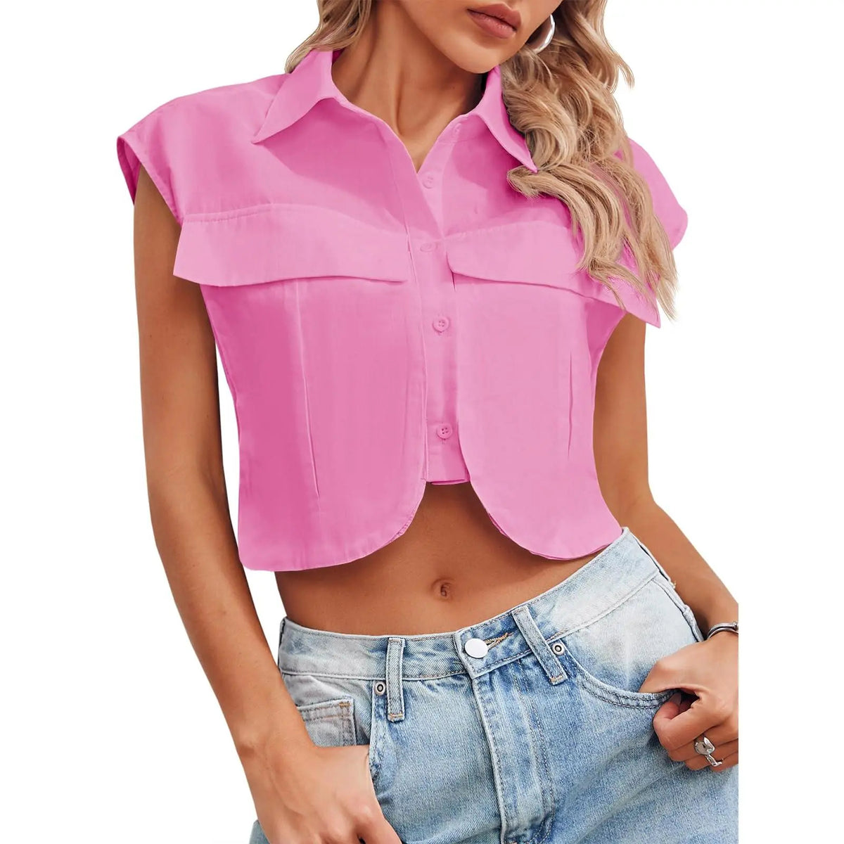 Womens Button Down Shirts Cute Summer Cap Sleeve Crop Tops