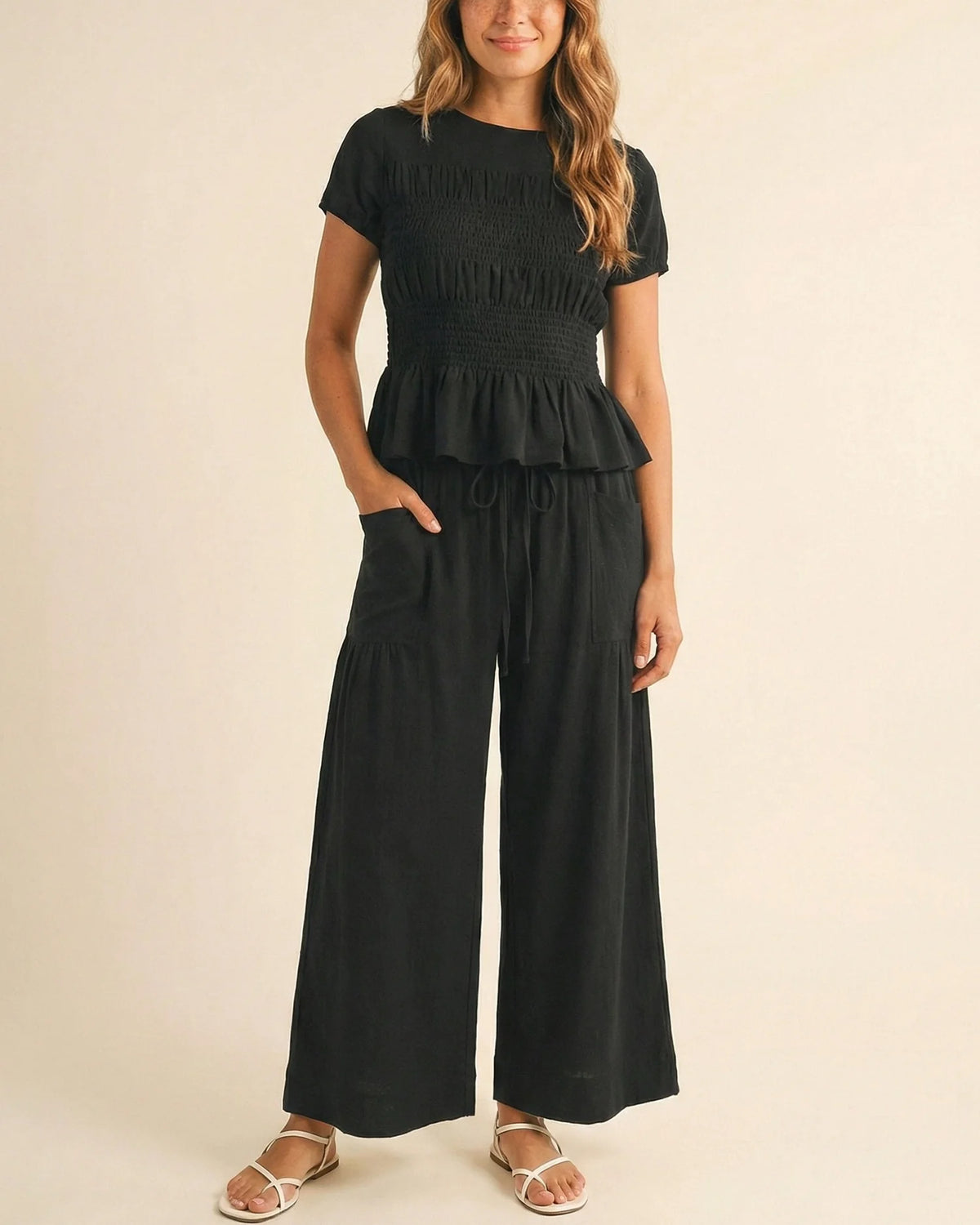 Women's 2-Piece Smocked Top and Wide-Leg Pants Set