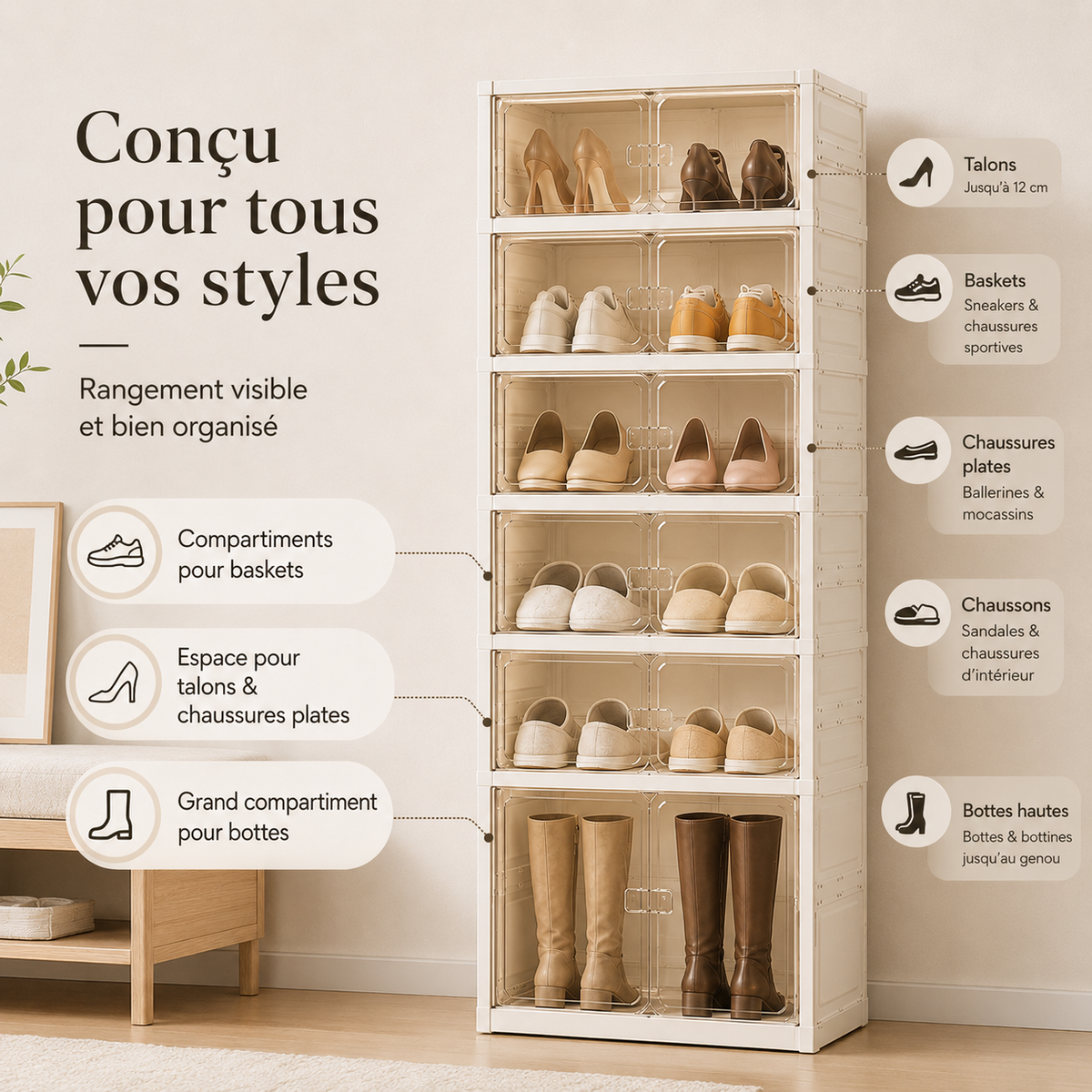 Armoire à Chaussures Pliable avec Portes Transparentes – Grande Capacité