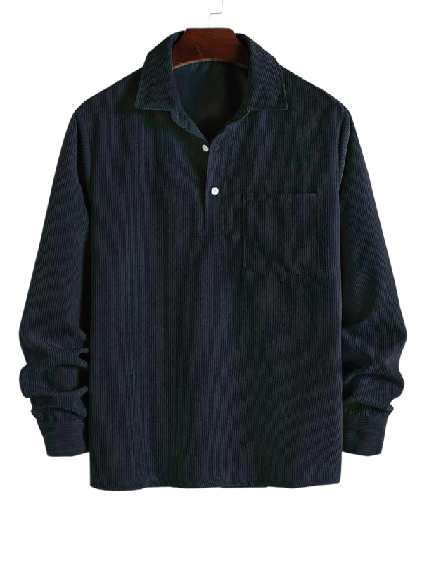 Men's Plain Pocket Half Button Corduroy Shirt, Casual Comfy Regular Fit Long Sleeve Collared Top For Fall & Winter, Men's Clothes For Daily Wear