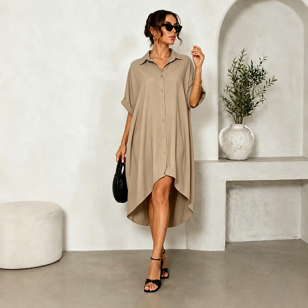 Women Turn-Down Collar Button Up Shirt Dress